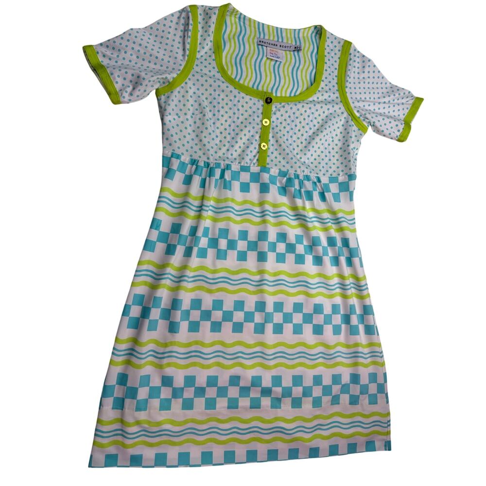 Gretchen Scott Women's Checkerboard Dress Green Blue White Size M Resortwear